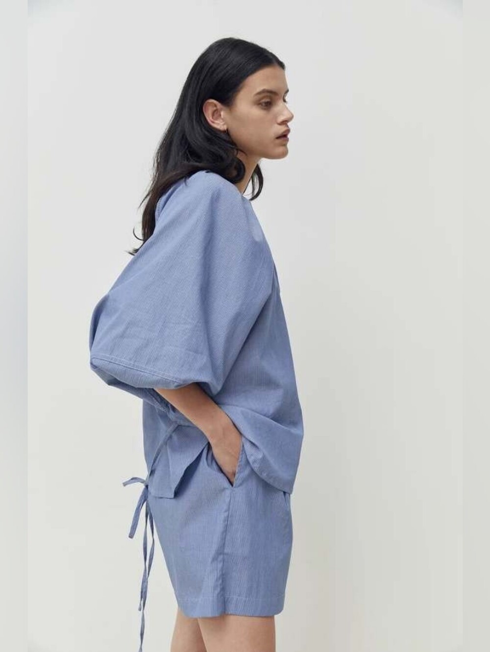 deiji studios release tuck organic cotton navy and white pinstripe set, medium